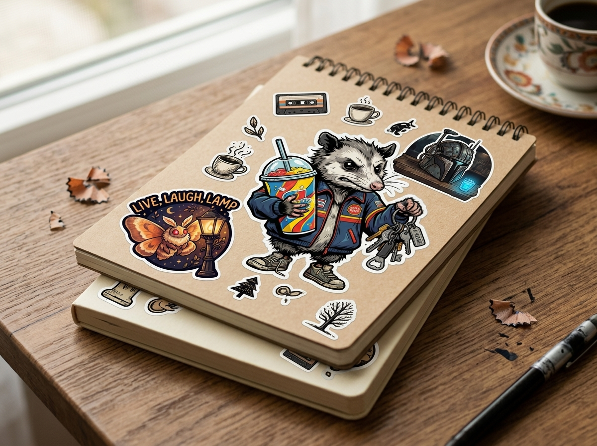 Kraft sketchbook stack decorated with StickerRealm die-cut stickers on a wooden desk.