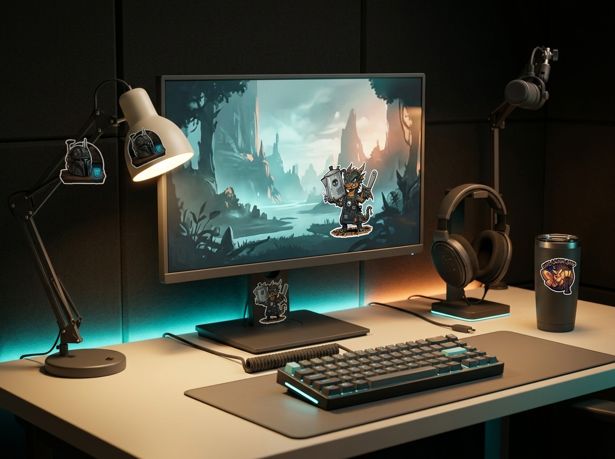 Streaming desk setup with StickerRealm stickers on the lamp, tumbler, and monitor stand.