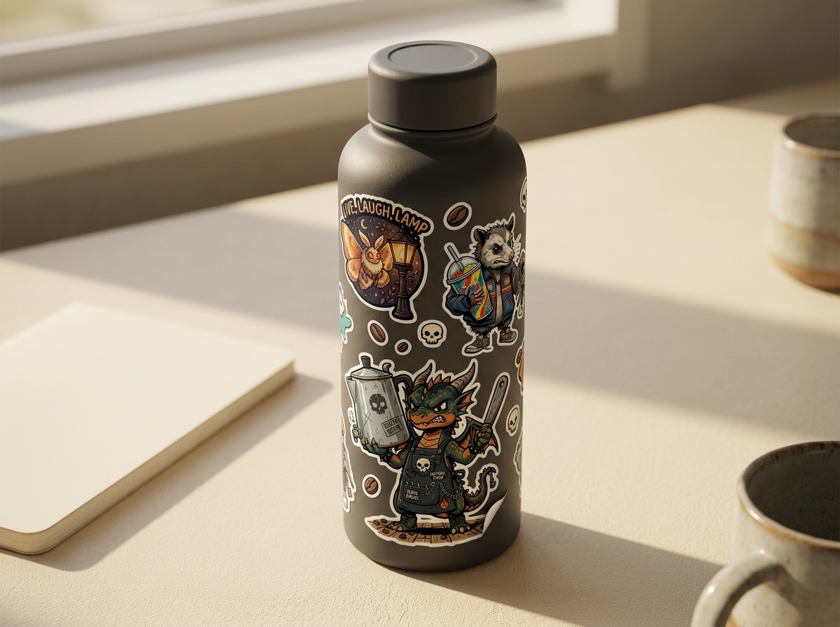 Matte water bottle covered in StickerRealm die-cut stickers on a cream desk.